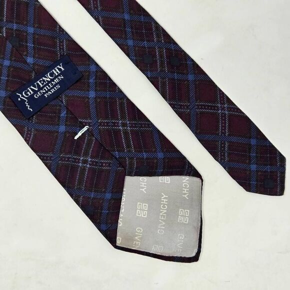 GIVENCHY GENTLEMAN PARIS SILK TIE MAROON BLUE TARTAN PLAID 3.5" X 55" - Picture 2 of 3